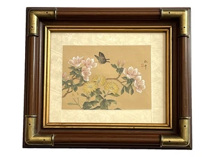 Quadro vintage cinese fine pennello su seta - farfalla e fiori firmato incorniciato - Foto 1 di 15