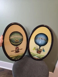 Pair of Antique Reverse Glass Hot Air Balloon Paintings - Picture 1 of 12