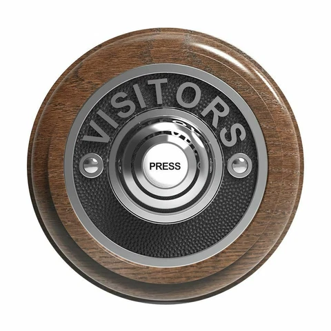Traditional Round Wired Doorbell VISITORS in Tudor Oak and Chrome Cover
