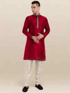Pigiama uomo indiano Kurta seta rossa set etnico 2 pezzi per festeggiamenti - Foto 1 di 7