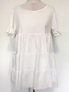 Nasty Gal White Tiered Mini Dress Flared Longline Blouse Cotton Blend Size UK 12 - Picture 1 of 18
