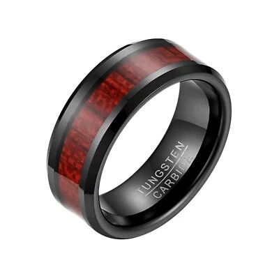Alianza de compromiso para hombre con incrustaciones de madera de koa hawaiano de tungsteno negro de 8 mm Foto 1 de 4
