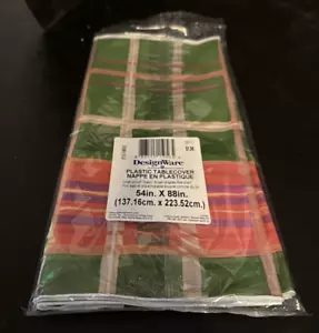 VTG DESIGNWARE PLASTIC TABLECLOTH 54 x 88 GREEN/RED PLAID, Made in USA - Picture 1 of 4