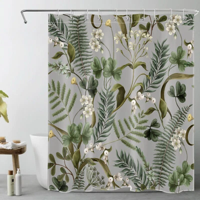 Tropical Green Leaf Floral Botanical Grey Shower Curtain Set for Bathroom Decor - Image 1 of 4