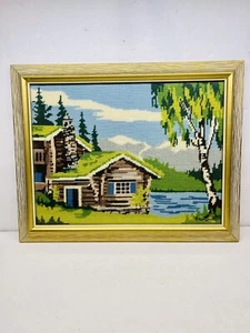 Vintage Framed Crewel Art Embroidery Wool Handmade Needlepoint Cabin 18.5”x14.5” - Picture 1 of 9