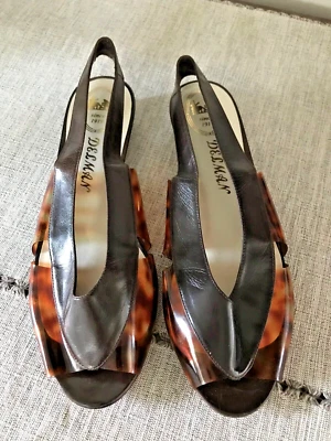 Delman Vintage Size 8 Sling Back Leather & Vinyl Shoes With 1"  Wedge Heels - Image 1 of 4