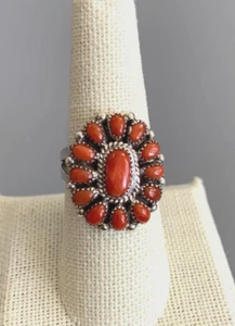 ZUNI M Basselente Sterling Silver MEDITERRANEAN CORAL Petit Point Cluster Ring 8 - Picture 1 of 9