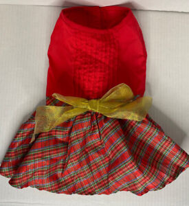 Red Satin Gold Plaid Bow Holiday Christmas Dress Cat / Pet Costume Outfit Large