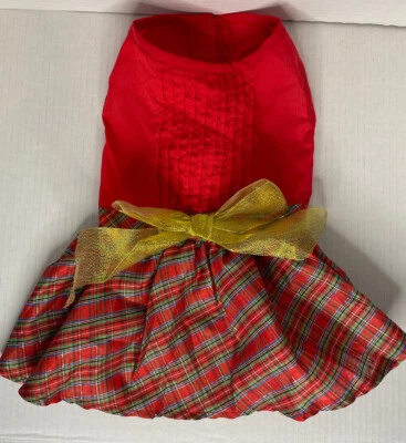 Red Satin Gold Plaid Bow Holiday Christmas Dress Cat / Pet Costume Outfit Large - Image 1 of 4