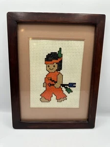 Handmade Framed Cross Stitch Native American Boy Matted 10" x 13" Wall Art - Picture 1 of 7