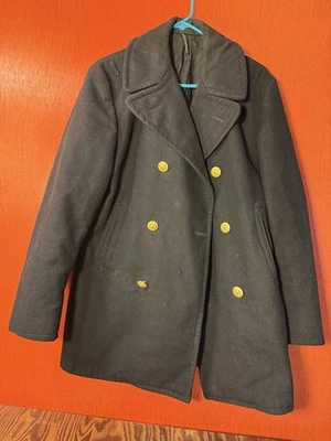 Abrigo Hombre Alistado, Abrigo Guisante 100% Lana Dorado Ancla Botones Años 70 -Pequeños Defectos Foto 1 de 4