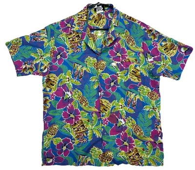 Camisa Aloha De Colección Hilo Hattie Hecha en Hawaii L Floral Piña Tiki Años 80 90 Foto 1 de 4