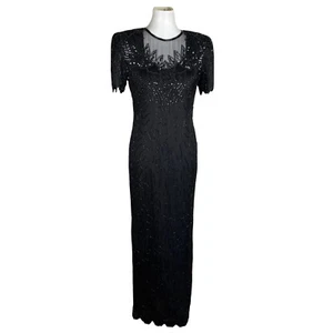 Laurence Kazar Silk Dress Size S Black Beaded Maxi Lined Formal Short Sleeve New - Picture 1 of 8