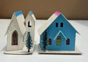 2 Casas Putz Pueblo de Navidad Hechas en Japón Azul, Blanco De Colección Brillo, Árboles - Imagen 1 de 10