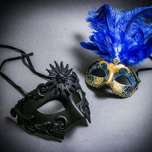 Black Greek Warrior & Gold MardiGras Eye Mask w/ Top Blue Feather Couple Masks - Picture 1 of 1