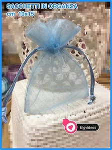 10 SACCHETTI BOMBONIERA ORGANZA CELESTE COMUNIONE BATTESIMO CONFETTI NASCITA 10x - Foto 1 di 1