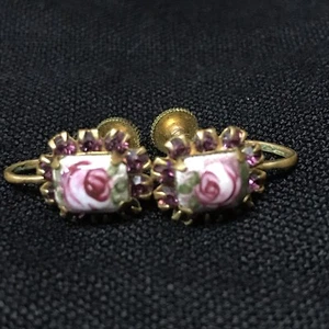 Vintage Painted Roses Violet Plum Crystals Gold Tone Fashion screw earrings - Picture 1 of 15