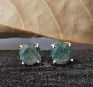 Tachuelas de ágata musgo natural plata de ley 925 tachuelas redondas musgo ágata joyería - Imagen 1 de 3