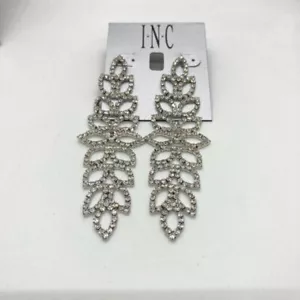 INC Rhinestone Leaf Pierced Earrings Silver Tone 4" Drop Dangle Wedding Prom New - Picture 1 of 6