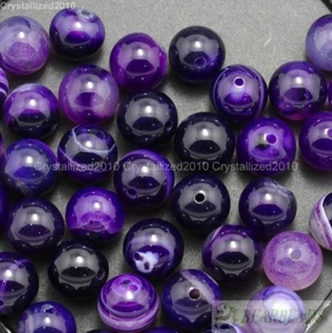 Cuentas redondas de piedras preciosas ágata a rayas púrpuras naturales 6 mm 8 mm 10 mm 12 mm 15,5"" cadena - Imagen 1 de 10