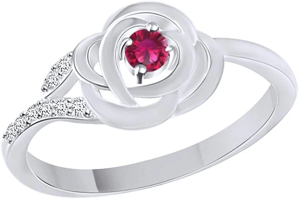 Simulated Ruby & Simulated Diamond Flower Ring in 14k White Gold Plated Silver - Image 1 of 1
