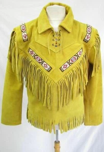 Chaqueta occidental de cuero de gamuza nativa americana con flecos y cuentas estilo camisa - Imagen 1 de 3
