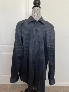 MEN'S SIZE 2XL JAZ BLACK & BLUE STRIPED TRACED FIT LONG SLEEVE SHIRT - EUC - Picture 1 of 5