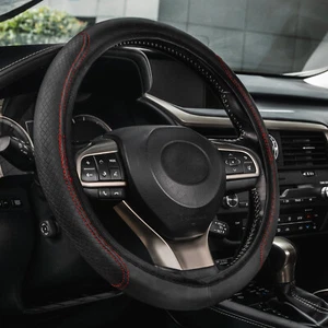 15" Universal Car Steering Wheel Cover Grip Auto Case 15" Black Red PU Leather - Foto 1 di 7
