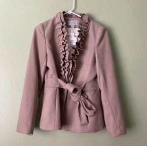 H&M hellbraun beige Wolle Rüschen Kragen Gürtel gefüttert Mantel Gr. M tailliert Jacke Neu mit Etikett - Bild 1 von 6