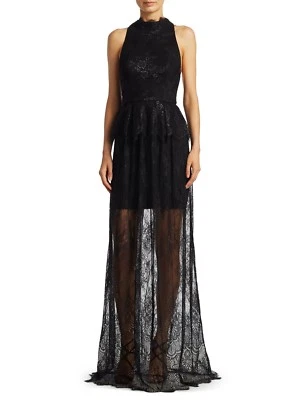 MONIQUE LHUILLIER Black Metallic Lace Peplum Halter Illusion Sheer Maxi Gown 10 - Image 1 of 4