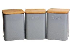 Canister Set of 3 Square Bamboo Lids Grey Airtight Metal Base Kitchen Storage - Picture 1 of 1