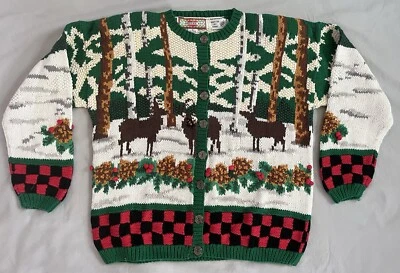 Cardigã suéter de férias vintage Bay Moose In The Snow tricô à mão cardigã raro P - Imagem 1 de 4
