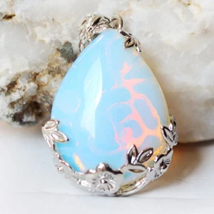 Flower Shaped Xmas Rainbow Fire Moonstone Gemstone Silver Drop Necklace Pendants - Picture 1 of 4