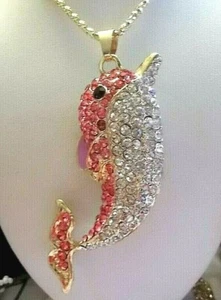 BETSEY JOHNSON CUTE CRYSTAL & ENAMEL PINK DOLPHIN PENDANT CHAIN NECKLACE - Picture 1 of 9