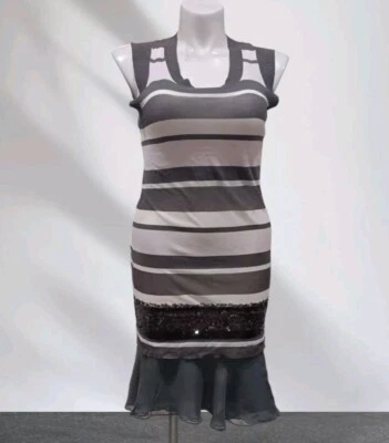 Vestido sin mangas IISLI en capas gris blanco a rayas seda base pulóver detalle lentejuelas Foto 1 de 4