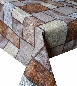 PVC TABLE CLOTH TILES BROWN PATCHWORK STONE FAUX LEATHER BEIGE CREAM WIPEABLE - Picture 1 of 4