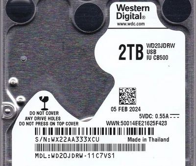 WD20JDRW-11C7VS1 s/n: WX22AA FEB /2024 Thailand 2TB USB 3.0 2.5" WESTERN DIGITAL - Image 1 of 4