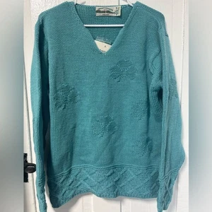 Neu mit Etikett Aran Crafts Pullover Merinowolle aquablau V-Ausschnitt Größe Medium - Bild 1 von 5