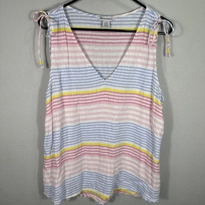 Regata feminina Tommy Bahama tamanho grande leve listrada de linho gola V - Imagem 1 de 4