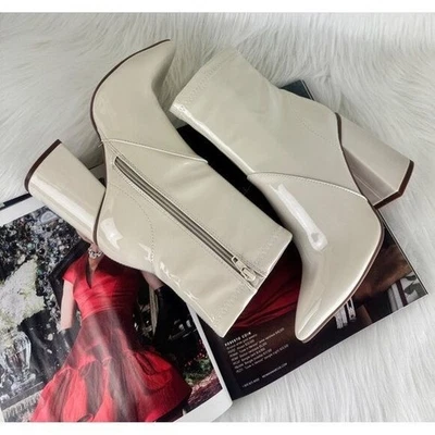 Wmns Qupid Faux Patent Leather Maelie Pointed Toe Ankle Bootie Sz 7 Winter White - Image 1 of 4