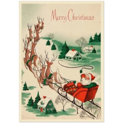 Vintage Santa Merry Christmas Sleigh Reindeer Holiday Art Poster - Image 1 of 4