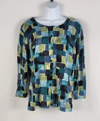 Cárdigan Ann Taylor Mujer L Azul Verde Estampado Geométrico Algodón Ligero Usado en Excelente Condición Foto 1 de 4
