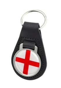 St George Flag Quality Black Leather Round Keyring - Picture 1 of 1