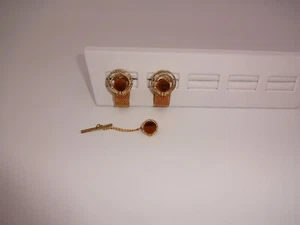 3 Pc Set Vintage Mens Cufflinks Cuff Links & Tie Pin Gold Tone Wrap Around Mesh - Afbeelding 1 van 6