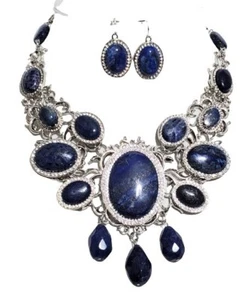 Lapislazuli Cabochons Saphire Edelstein Latz Halskette Ohrringe Unikat - Bild 1 von 8
