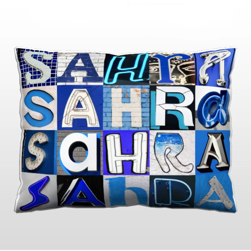 Personalized Pillow featuring the name SAHRA in photos of BLUE sign letters - Image 1 of 1