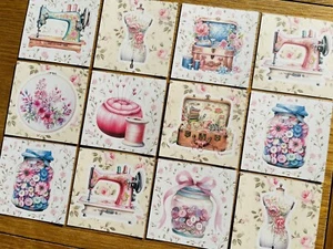 6x Aquarell Shabby Chic Nähen Thema Kartenaufleger Kartenherstellung Knöpfe - Bild 1 von 3