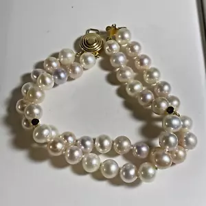 PULSERA DE PERLAS DE DOBLE CADENA 7,5 MM DE COLECCIÓN con CIERRE DE ORO PESADO 14kt 7,5" GVB-12 - Imagen 1 de 6