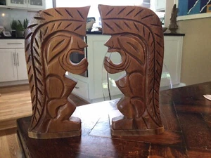 Vintage Hawaiian “Akua Kai” TIKI God BOOKENDS Monkey Pod Wood MCM Beach Decor - Picture 1 of 7