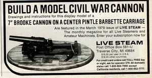 1979 Vintage Print Ad Build a Model Civil War Cannon Live Steam Brooke Pintle - Picture 1 of 2